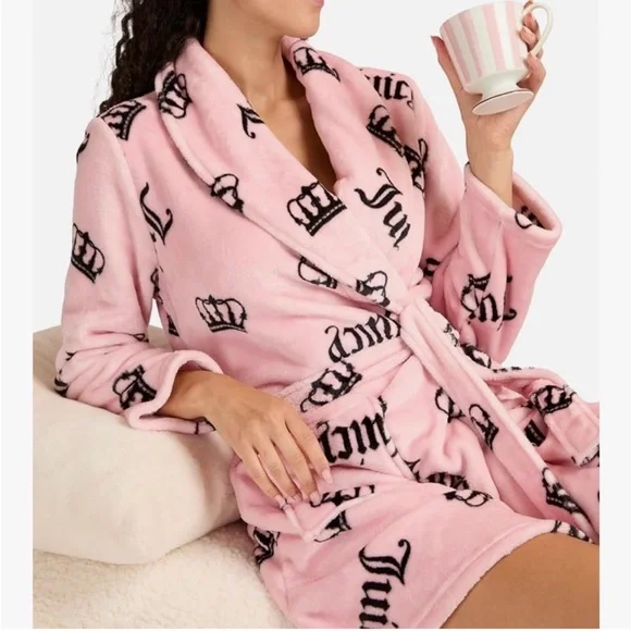 Juicy Couture Light Pink Plush Robe with Black Crown Print
